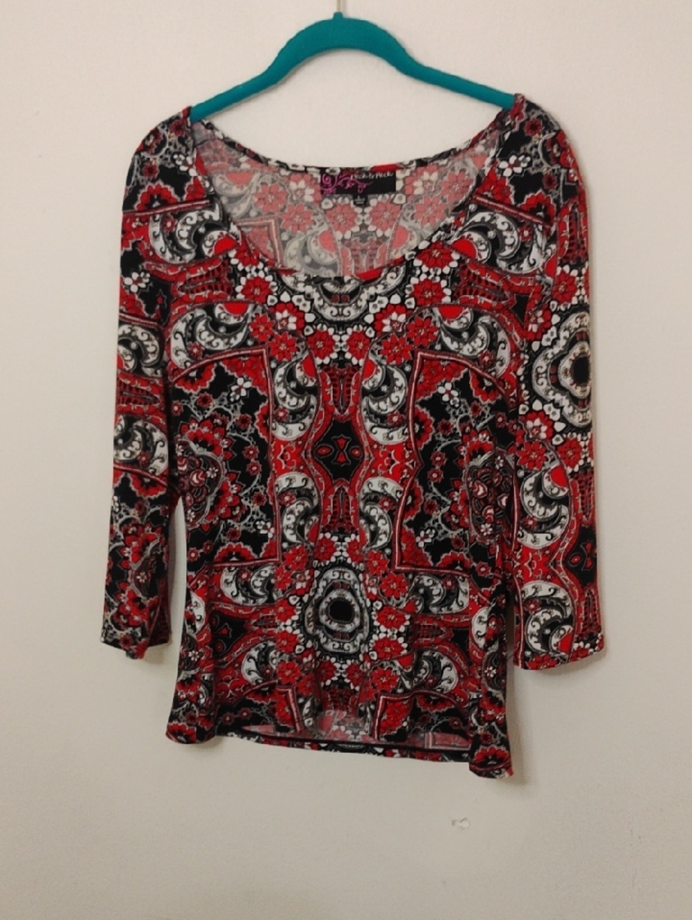 Peck & Peck Red and Black Paisley Scoop Neck Long Sleeve Top size large